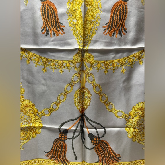 CELINE Gold & White with Gray Edge 100% Silk Scarf - Picture 4 of 7